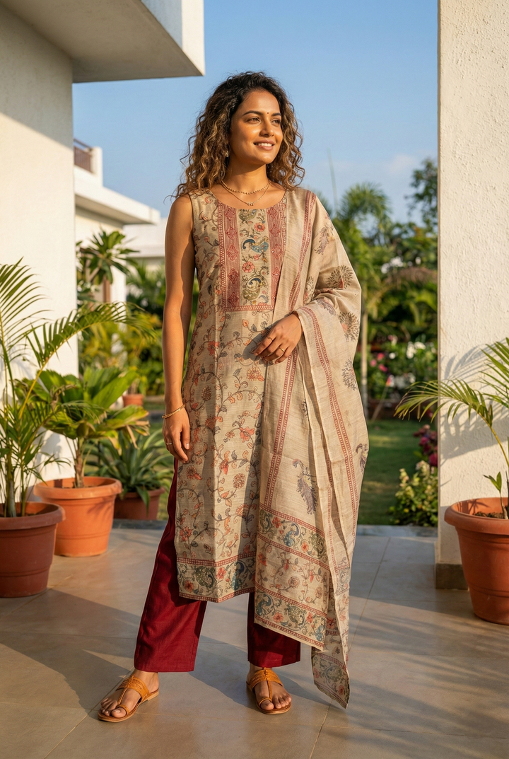 Neerus Maroon Chanderi printed suit set - front view