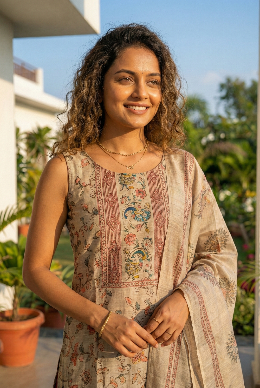 Neerus Maroon Chanderi printed suit set - back view
