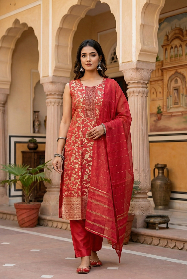 Neerus Pink tissue printed suit set - front view