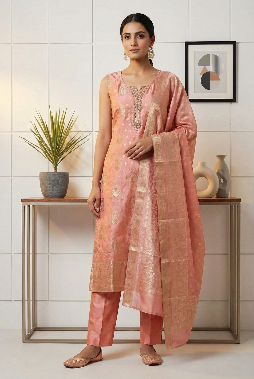 Neerus Orange tissue printed suit set - front view