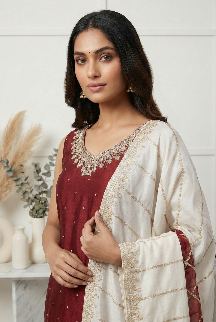 Neerus Maroon silk hand embroidered suit set - back view