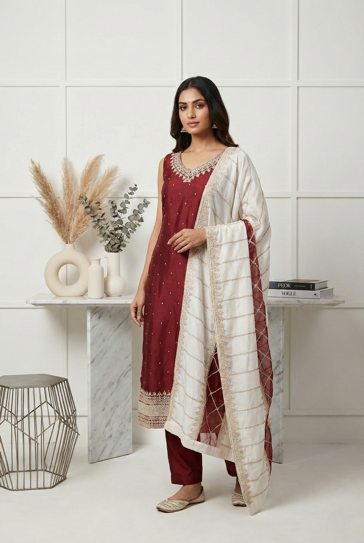 Neerus Maroon silk hand embroidered suit set - front view