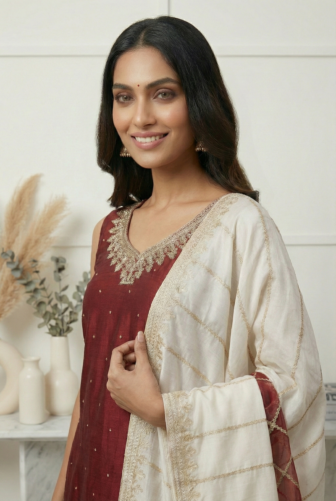 Neerus Maroon silk hand embroidered suit set - side view