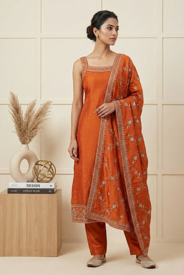Neerus Orange silk hand embroidered suit set - front view