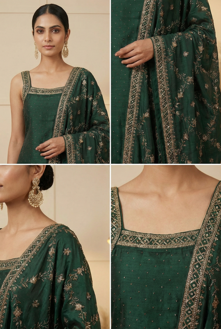 Neerus Green silk hand embroidered suit set - side view