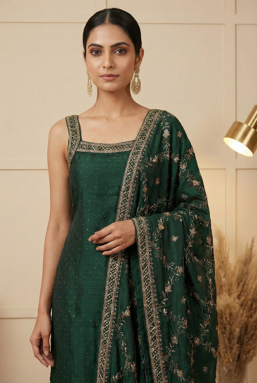 Neerus Green silk hand embroidered suit set - back view