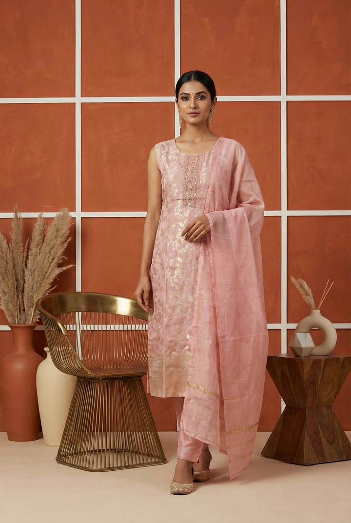 Neerus Pink tissue printed suit set - front view