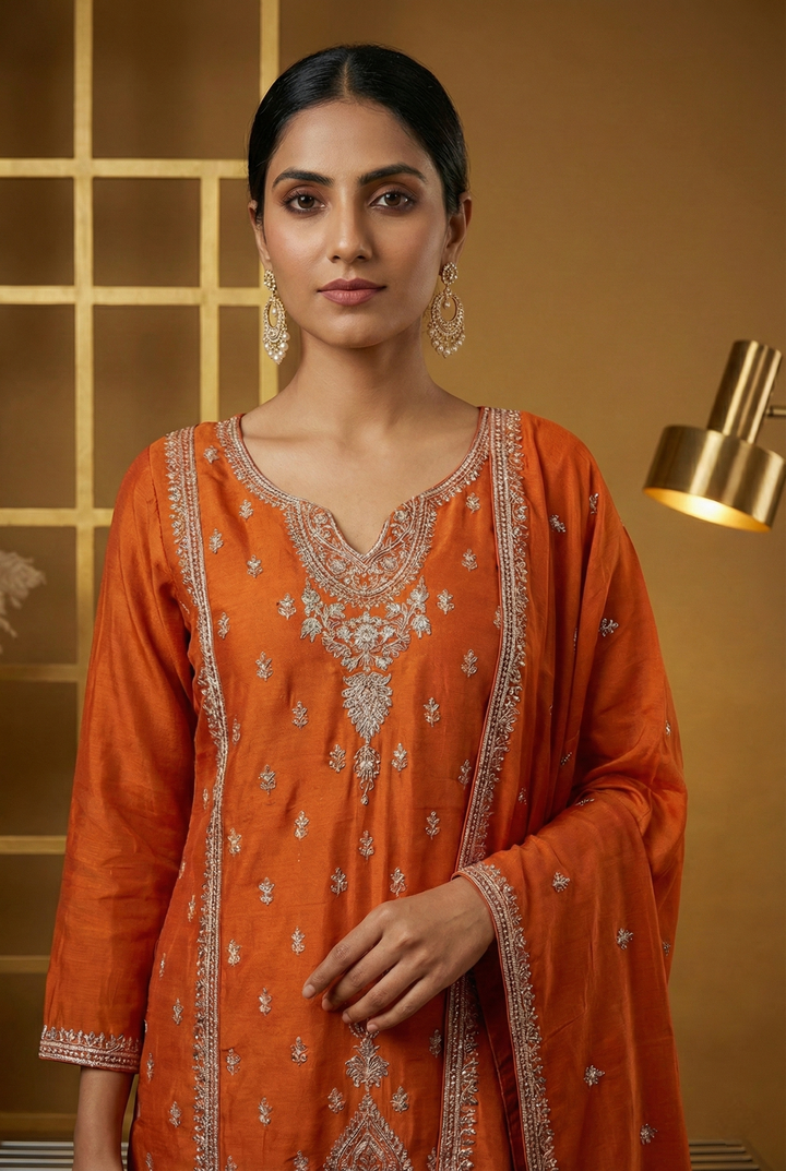 Neerus Orange silk hand embroidered suit set - back view