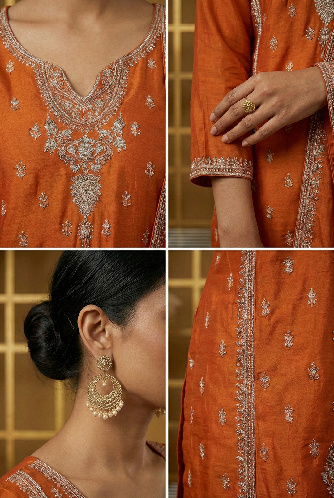 Neerus Orange silk hand embroidered suit set - side view