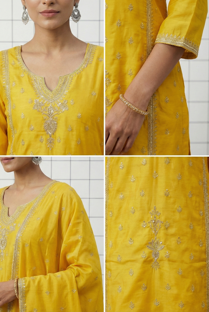 Neerus Yellow Silk Hand Embroidered Suit Set - side view