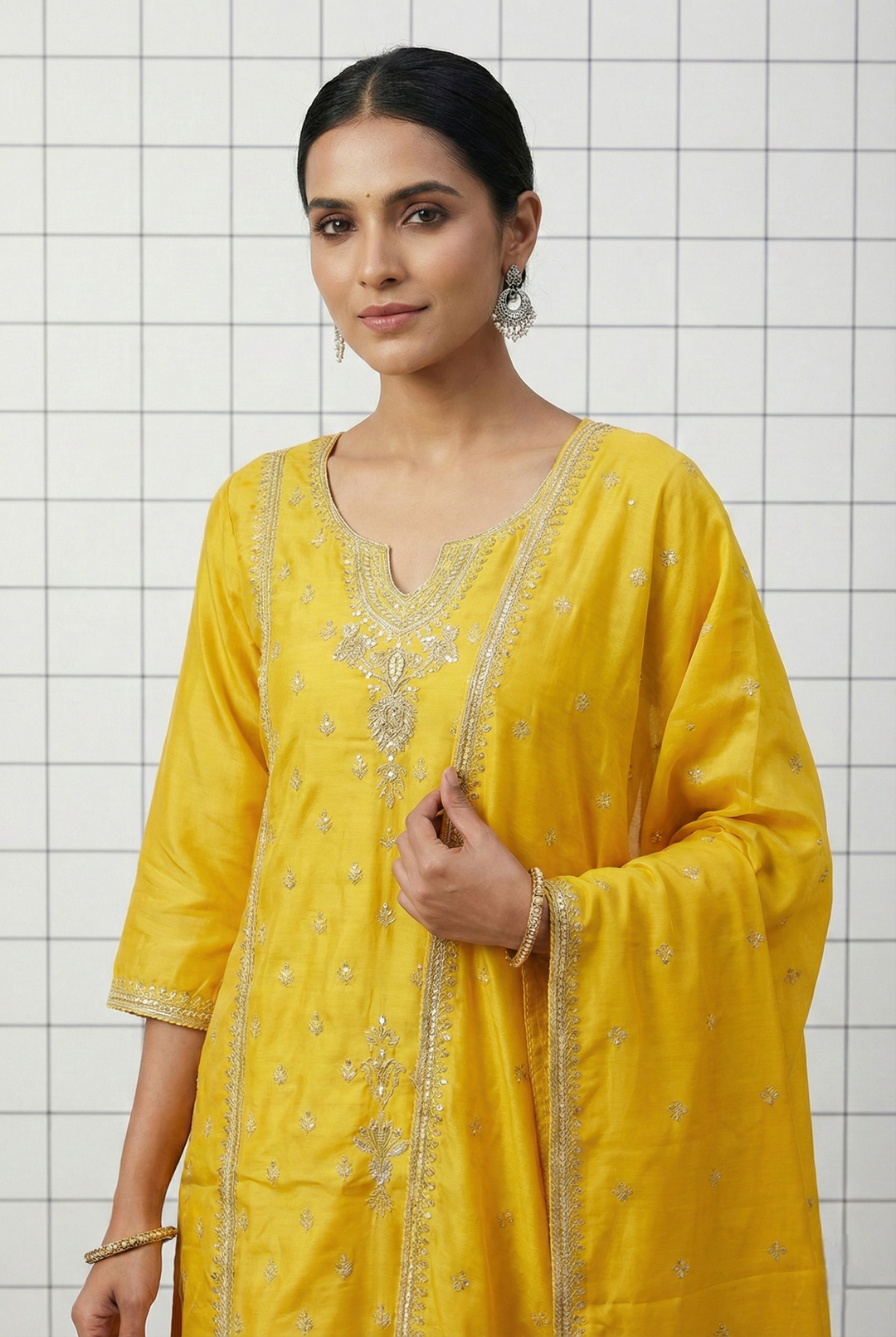 Neerus Yellow Silk Hand Embroidered Suit Set - back view