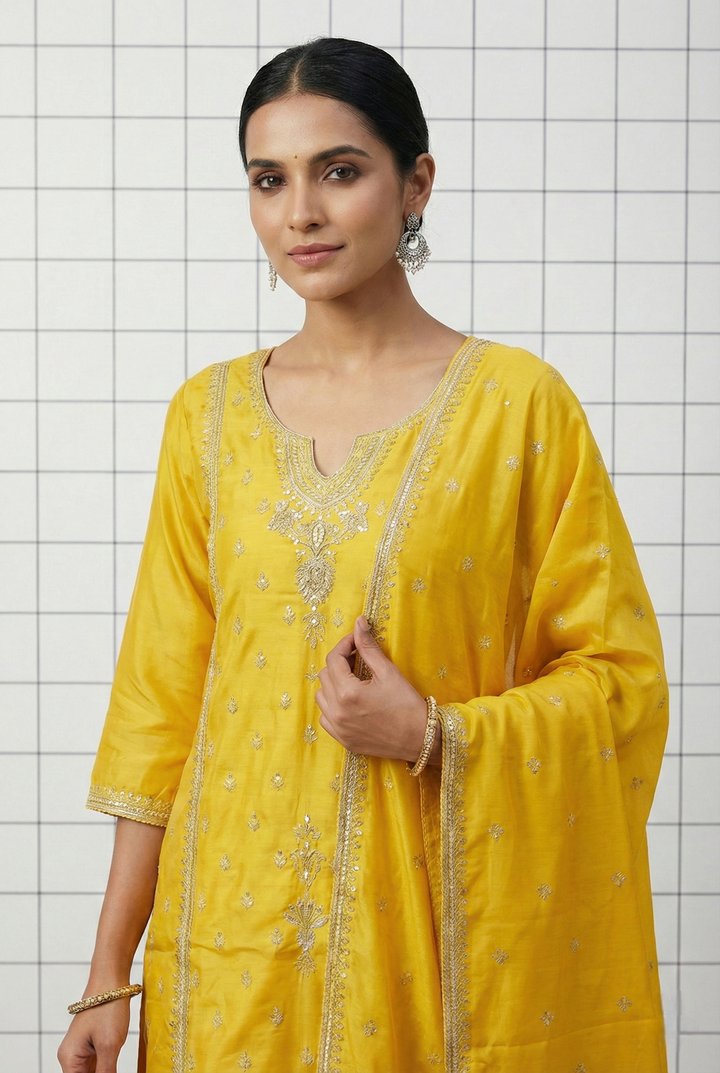 Neerus Yellow Silk Hand Embroidered Suit Set - back view