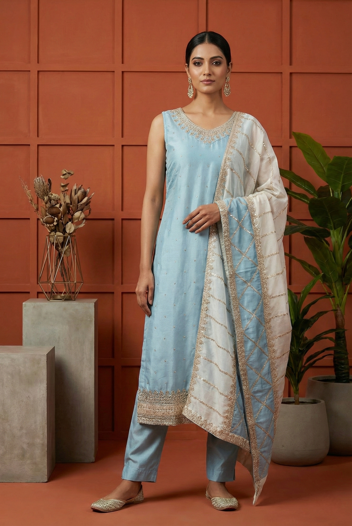 Neerus Blue silk hand embroidered suit set - front view