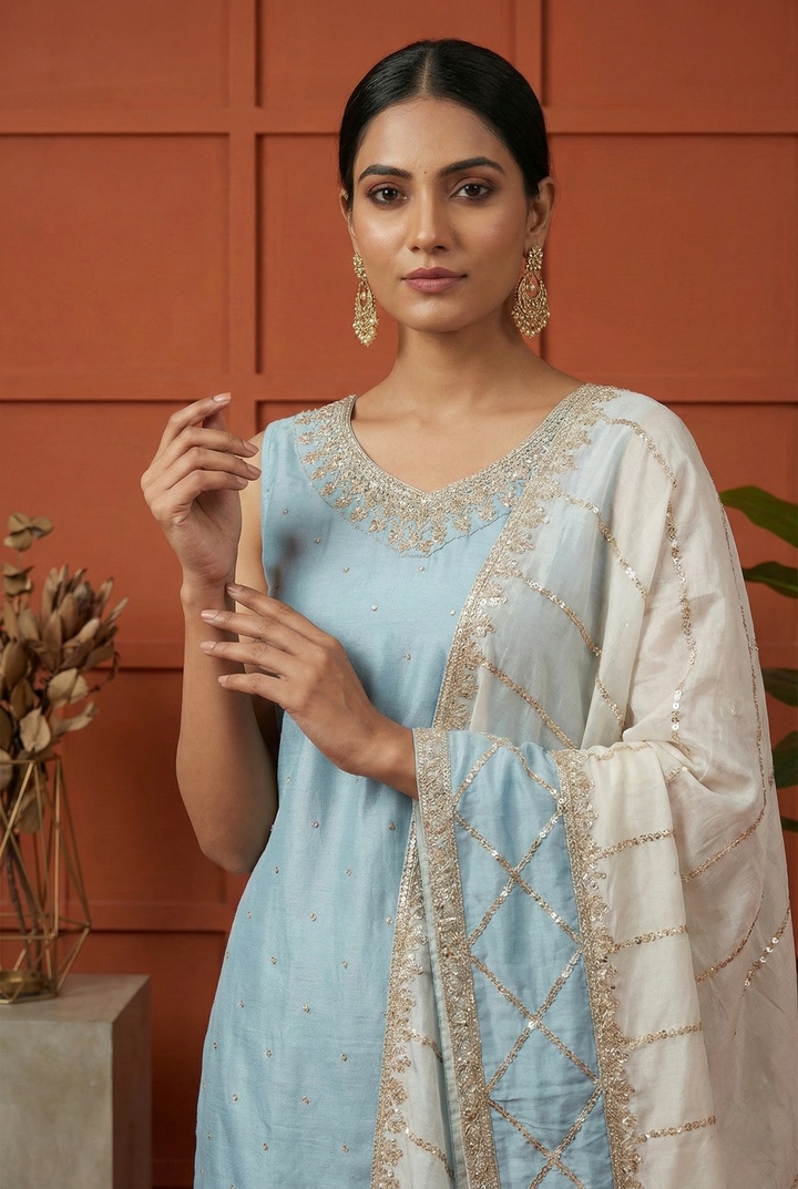 Neerus Blue silk hand embroidered suit set - back view