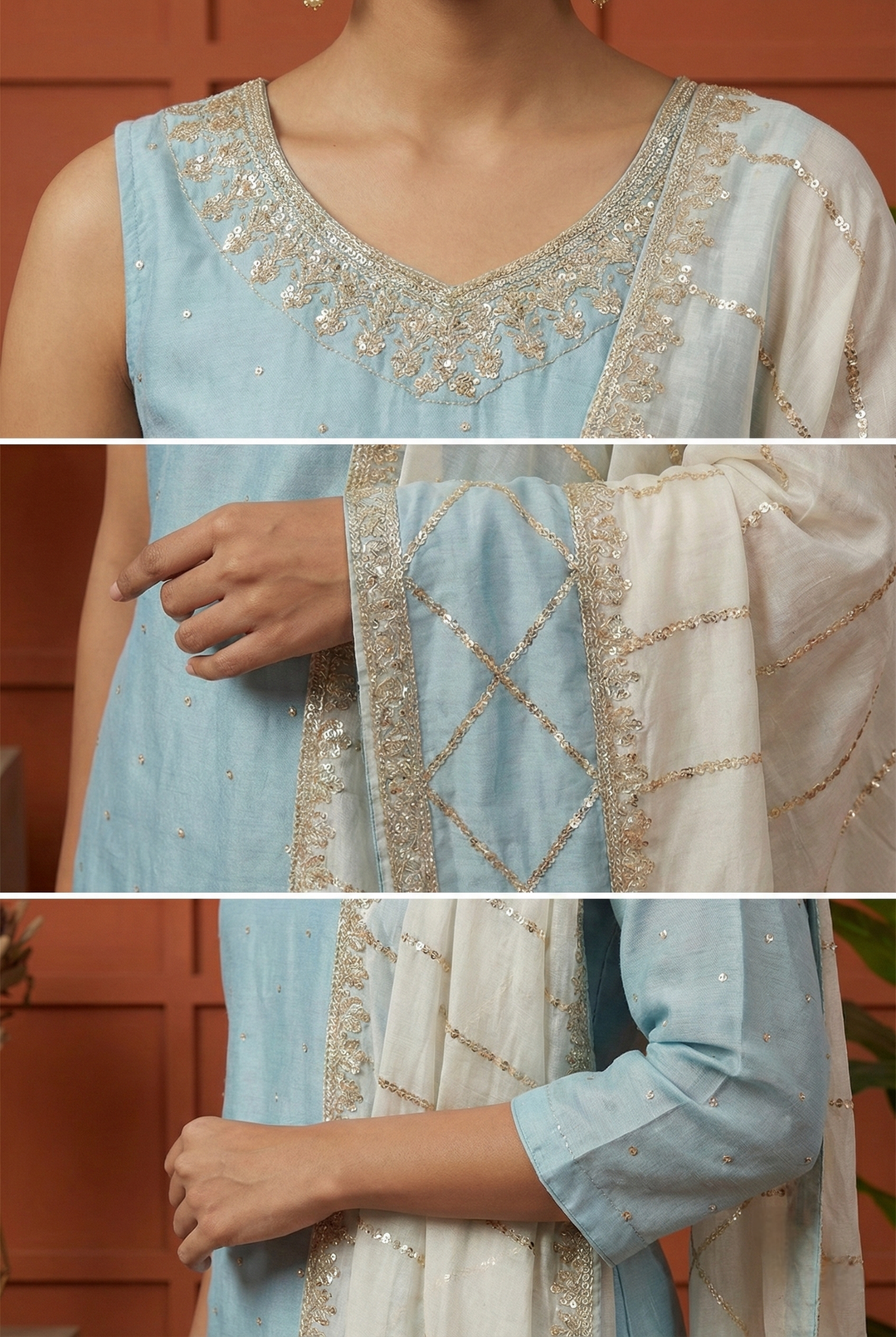 Neerus Blue silk hand embroidered suit set - side view