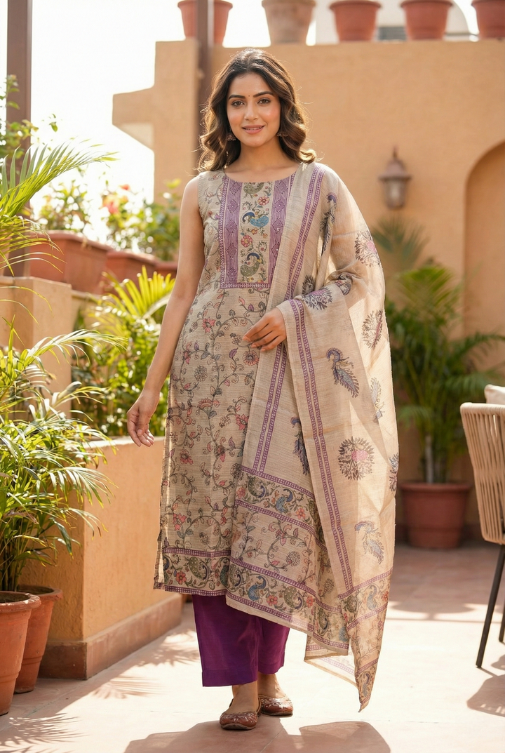 Neerus Maroon Chanderi printed suit set - front view