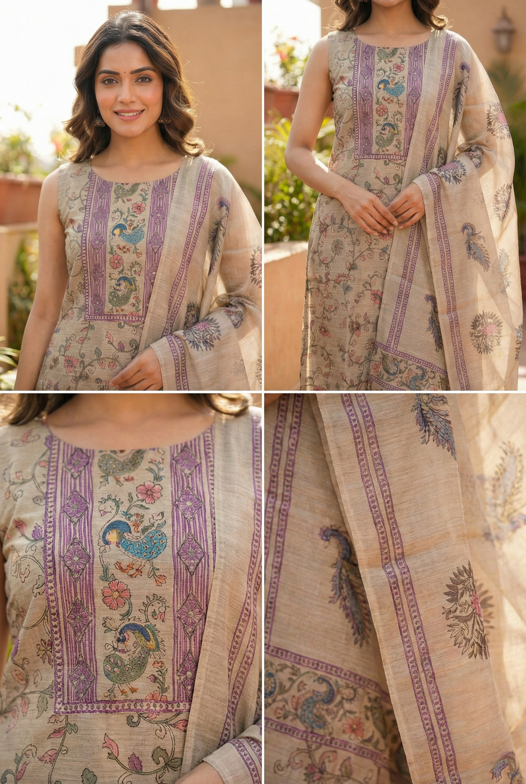Neerus Maroon Chanderi printed suit set - side view