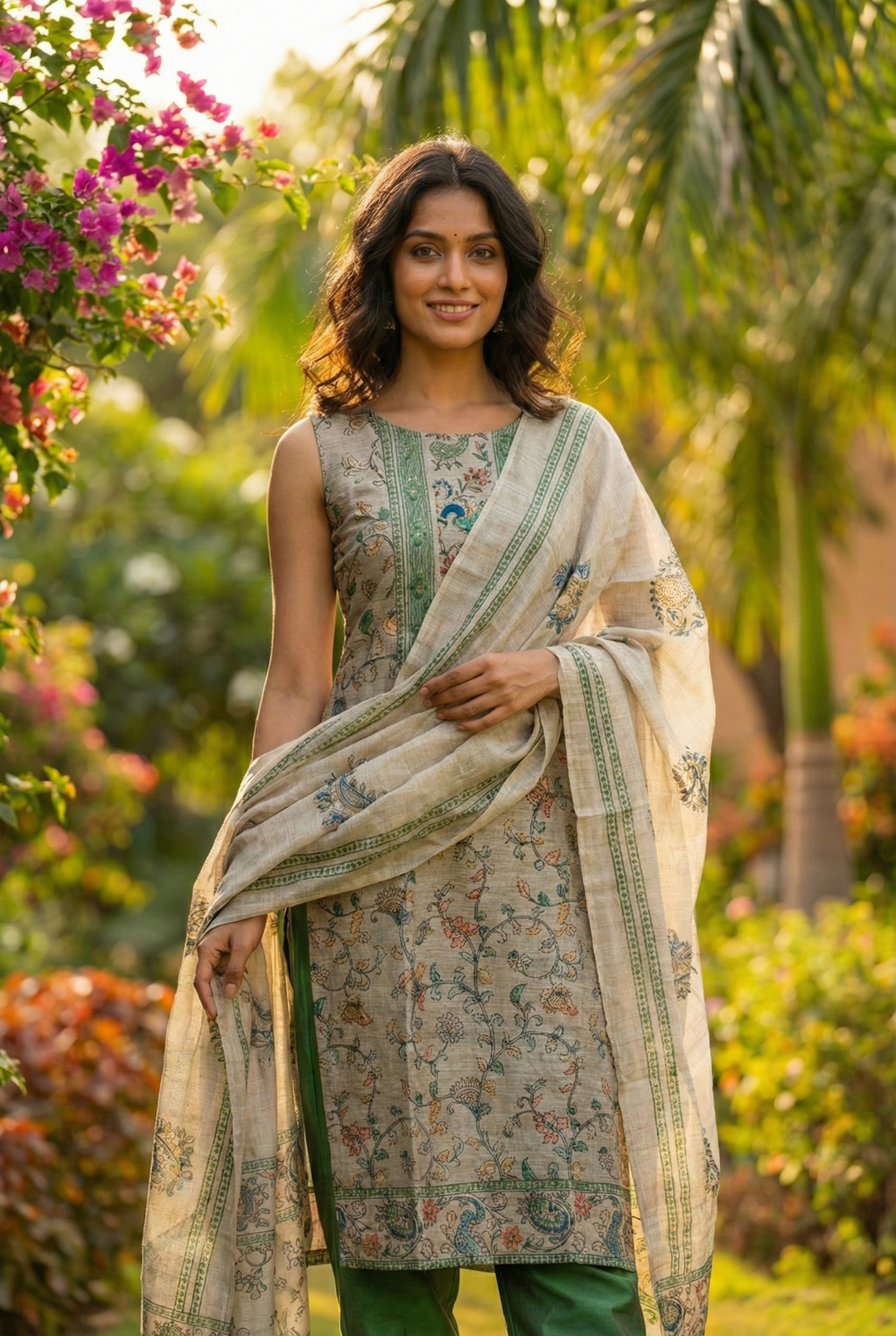Neerus Green Chanderi printed suit set - front view