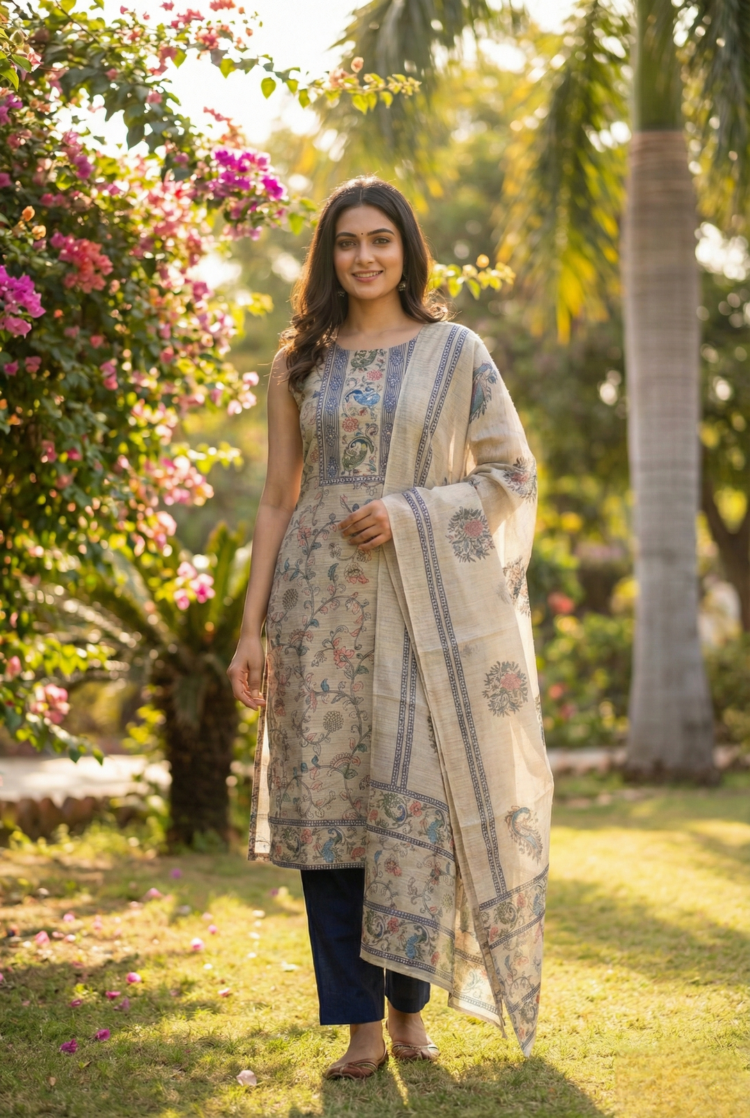 Neerus Blue Chanderi printed suit set - front view