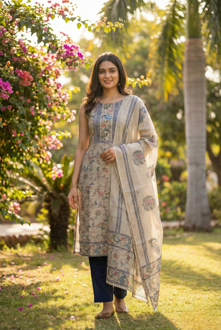 Neerus Blue Chanderi printed suit set - front view