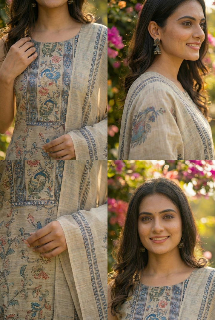 Neerus Blue Chanderi printed suit set - side view