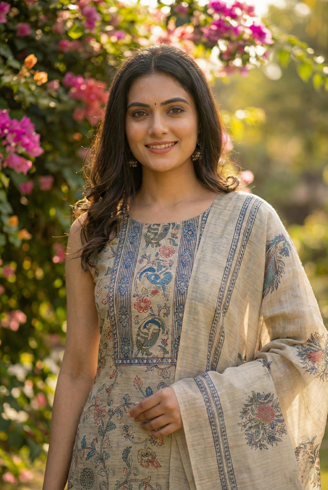 Neerus Blue Chanderi printed suit set - back view