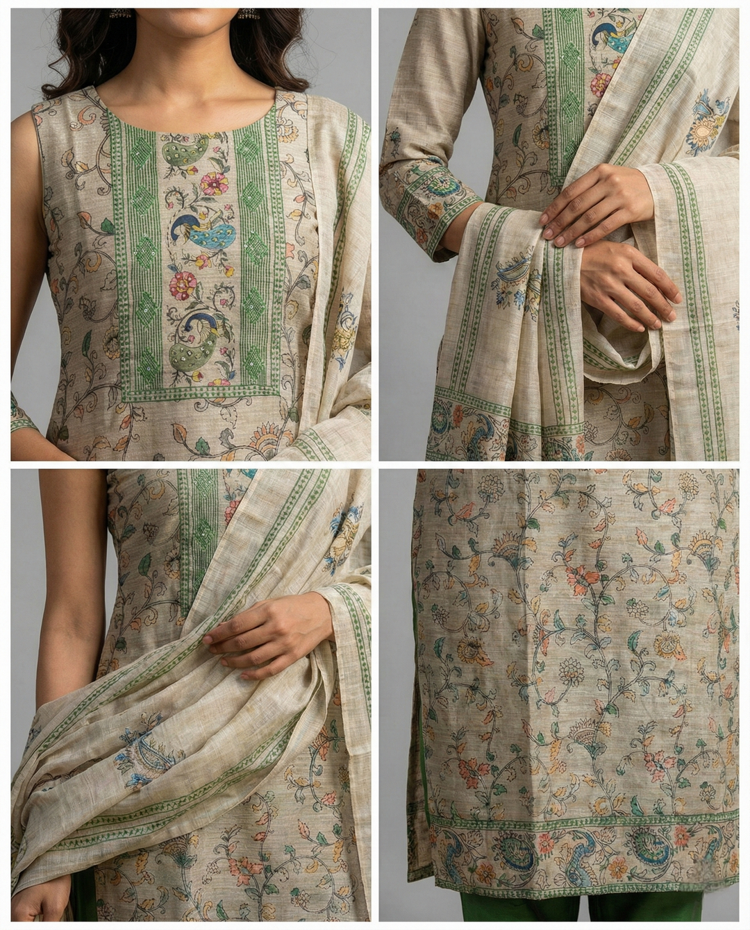Neerus Green Chanderi printed suit set - side view