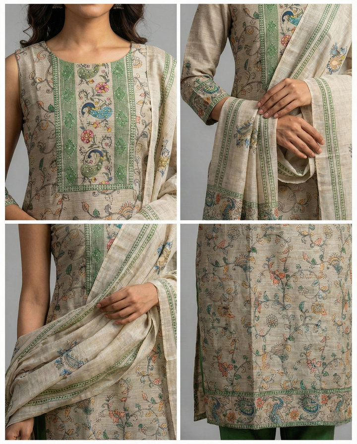 Neerus Green Chanderi printed suit set - side view