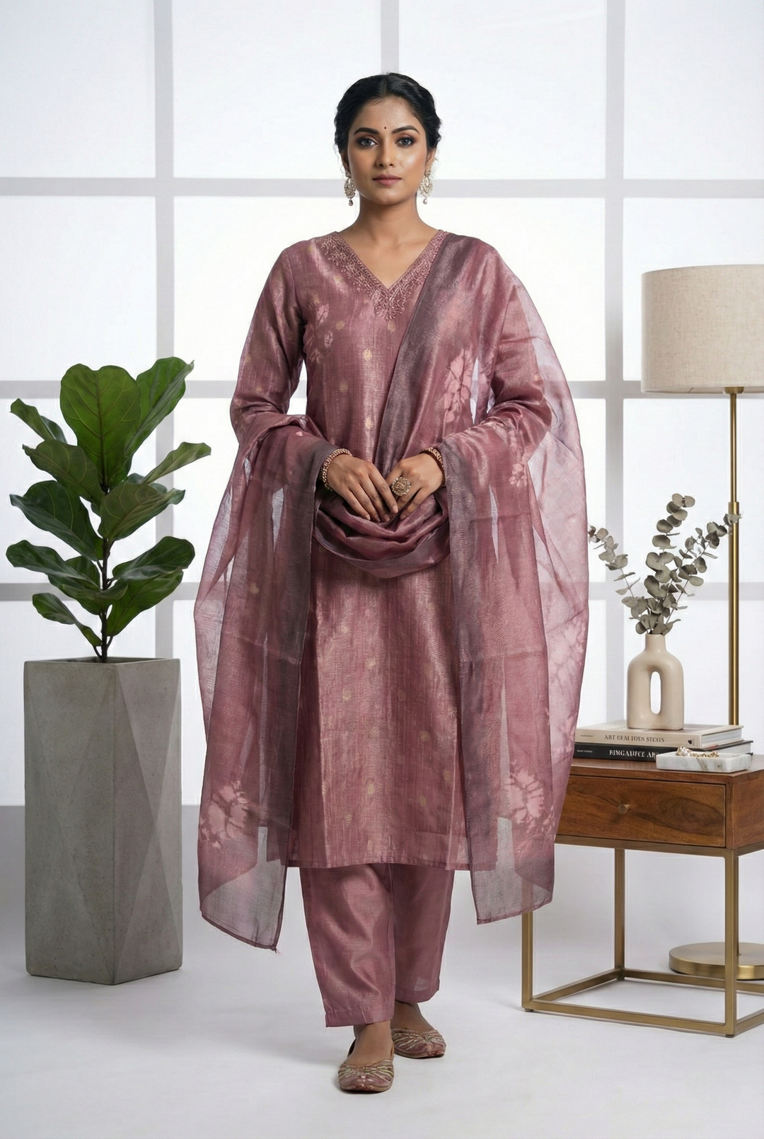 Neerus Pink tissue printed suit set - front view