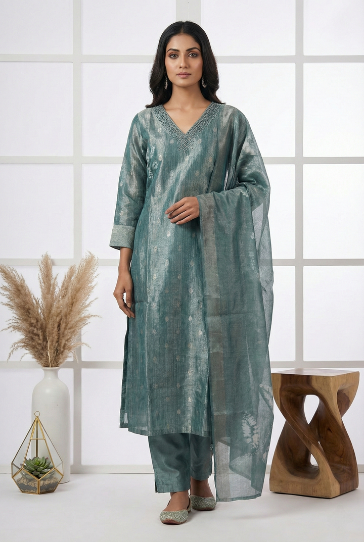 Neerus Green tissue printed suit set - front view