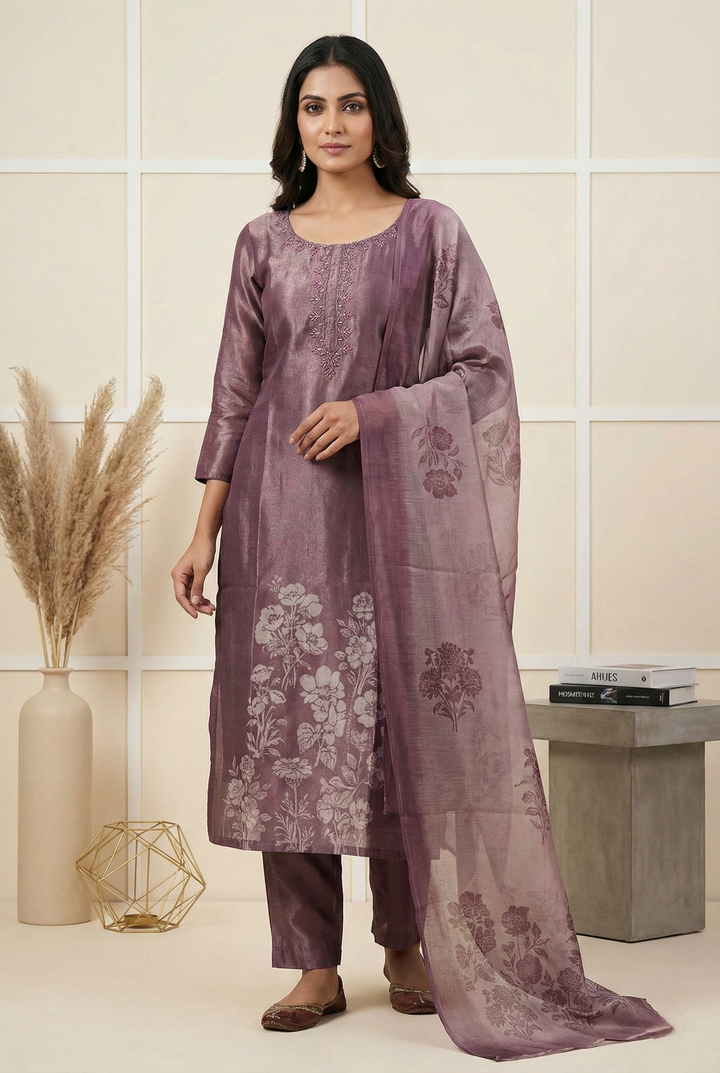 Neerus Maroon tissue printed suit set - front view