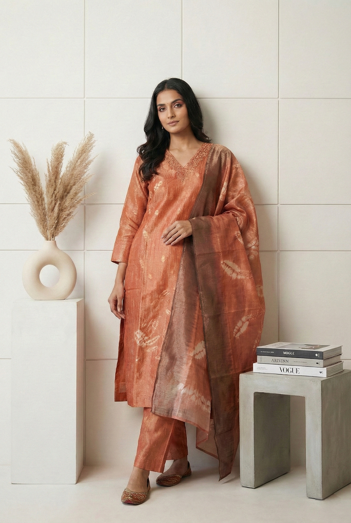 Neerus Pink tissue printed suit set - front view