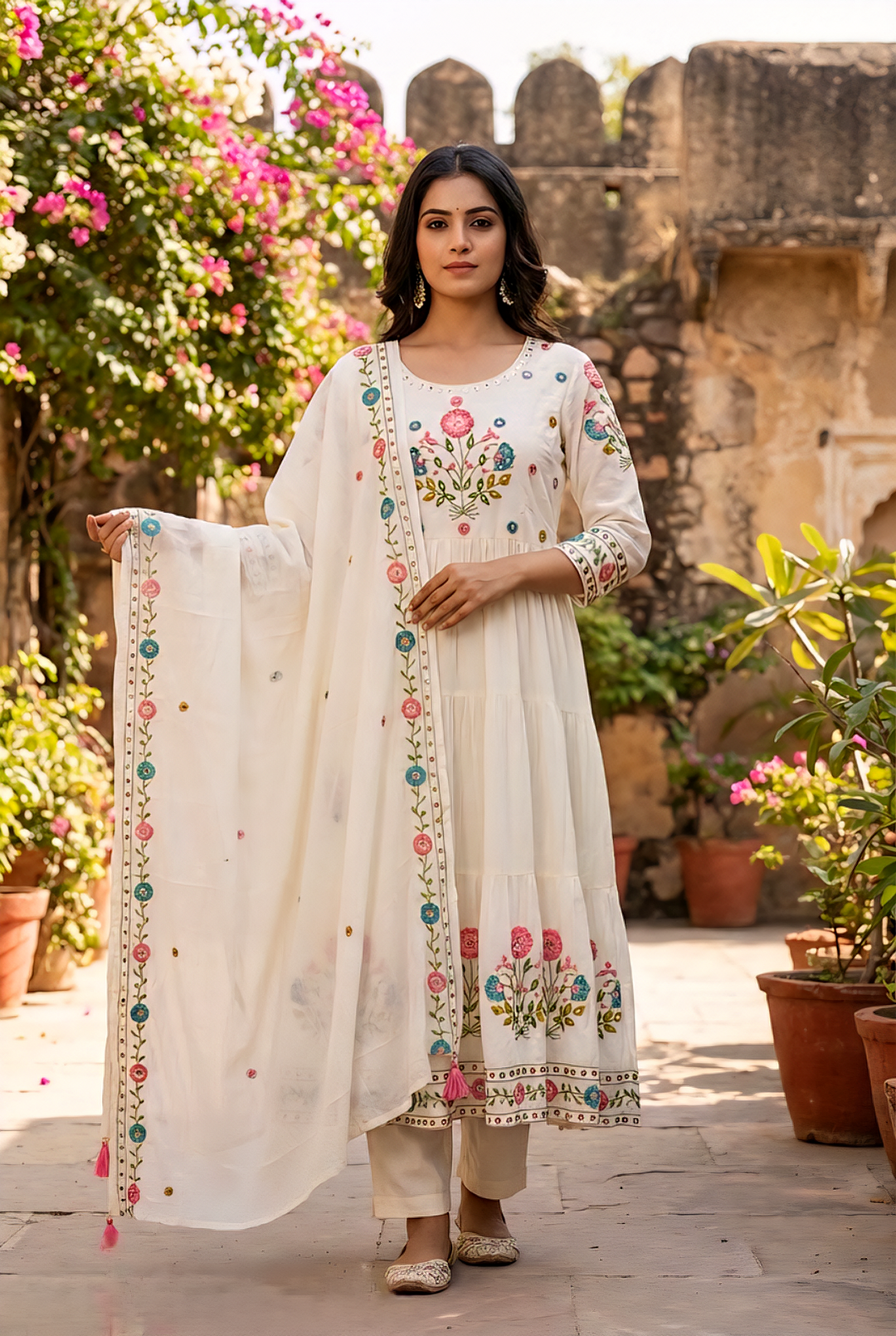 Neerus Yellow cotton hand embroidered suit set - front view