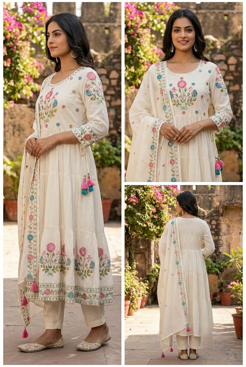Neerus Yellow cotton hand embroidered suit set - back view