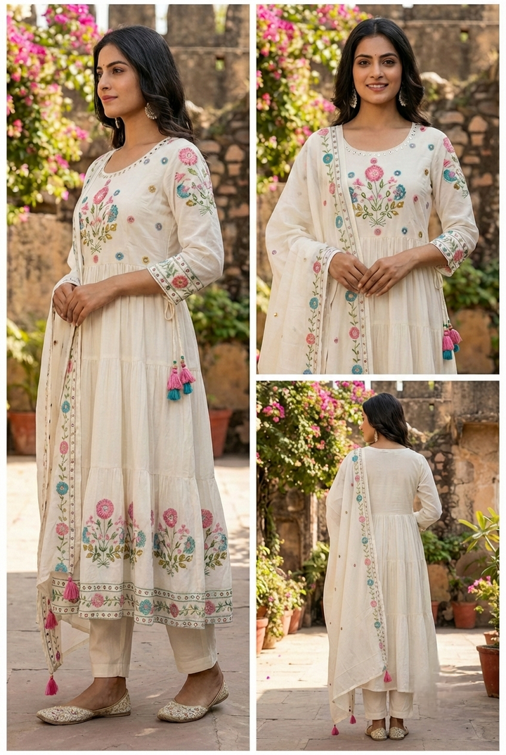Neerus Yellow cotton hand embroidered suit set - back view