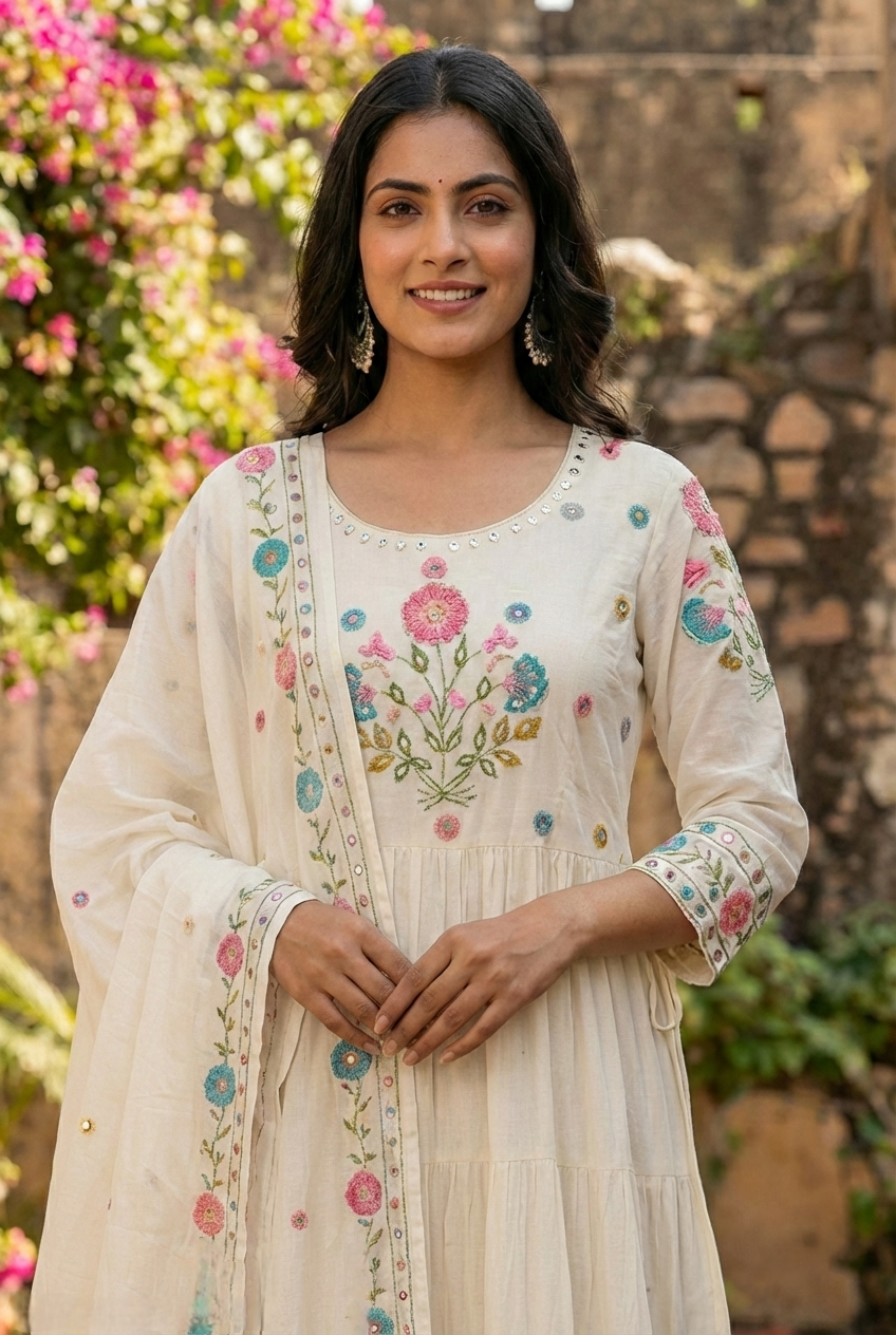 Neerus Yellow cotton hand embroidered suit set - side view