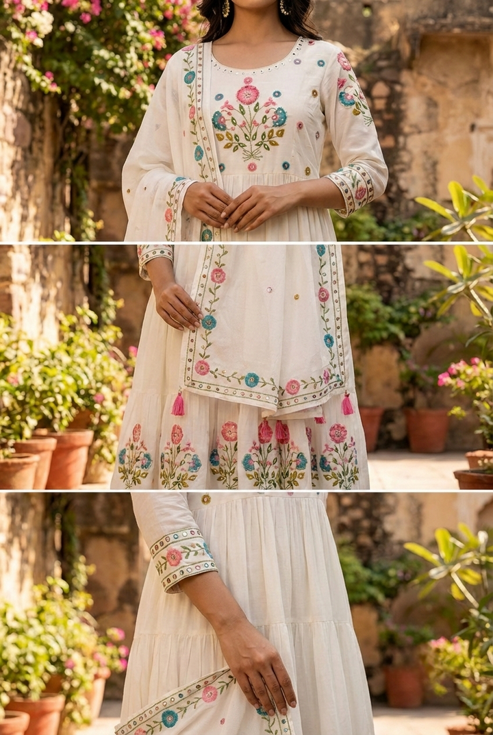 Neerus Yellow cotton hand embroidered suit set - detail view 1