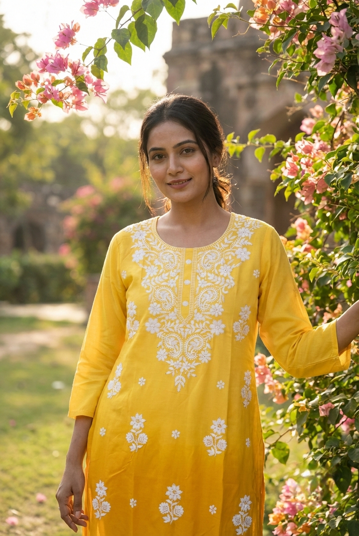 Neerus Yellow rayon hand embroidered kurti - back view