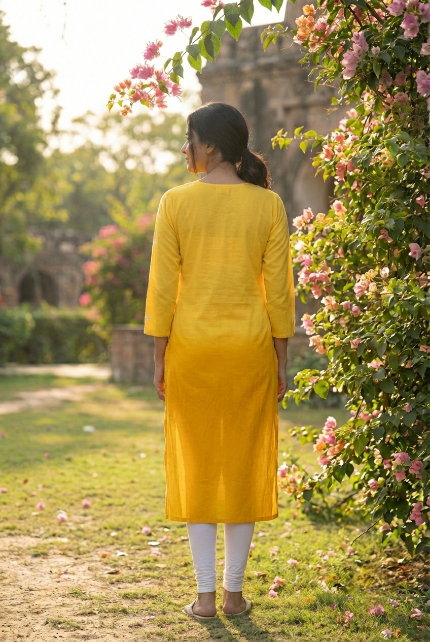 Neerus Yellow rayon hand embroidered kurti - side view