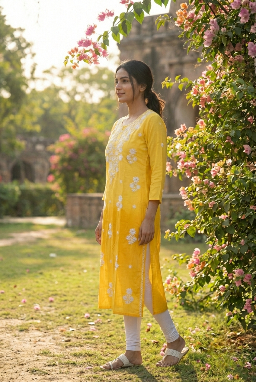 Neerus Yellow rayon hand embroidered kurti - detail view 1