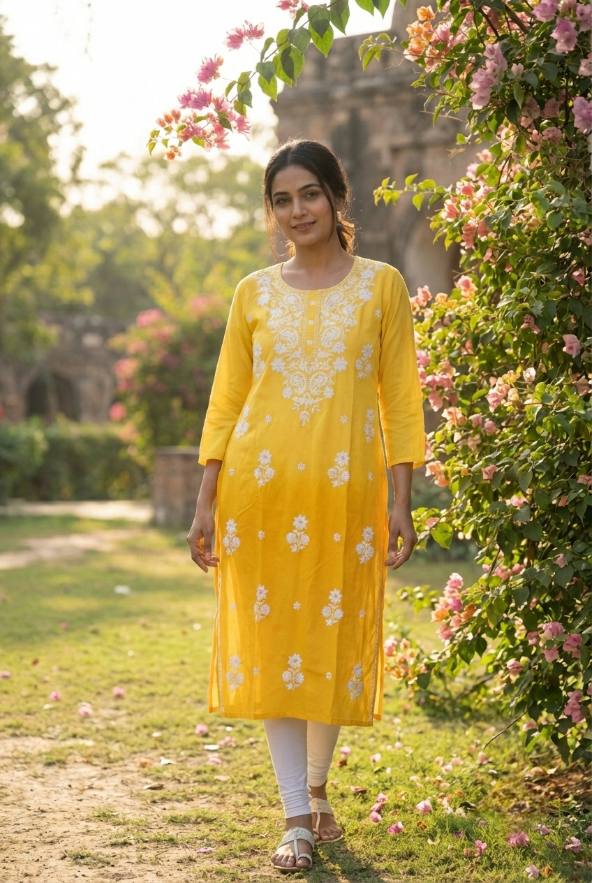 Neerus Yellow rayon hand embroidered kurti - front view