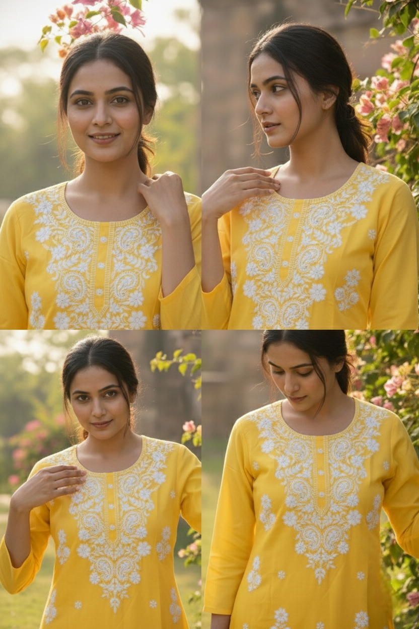 Neerus Yellow rayon hand embroidered kurti - detail view 2