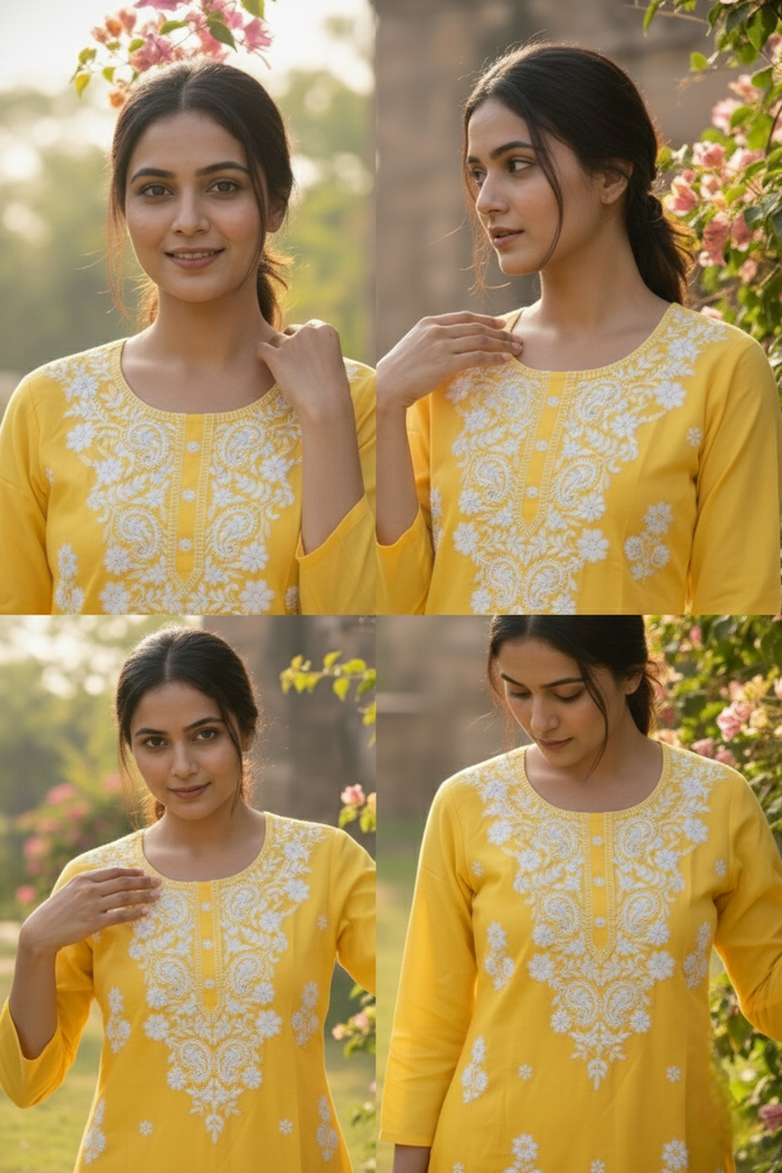 Neerus Yellow rayon hand embroidered kurti - detail view 2