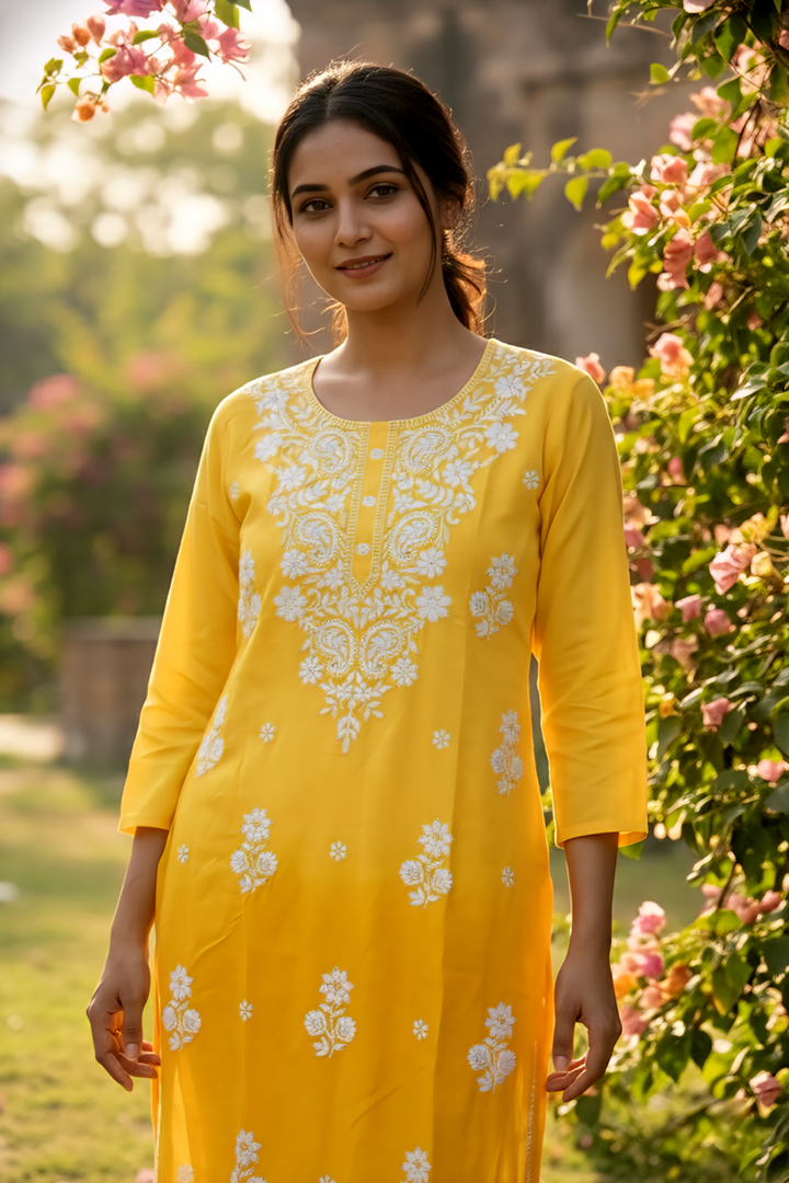 Neerus Yellow rayon hand embroidered kurti - detail view 3