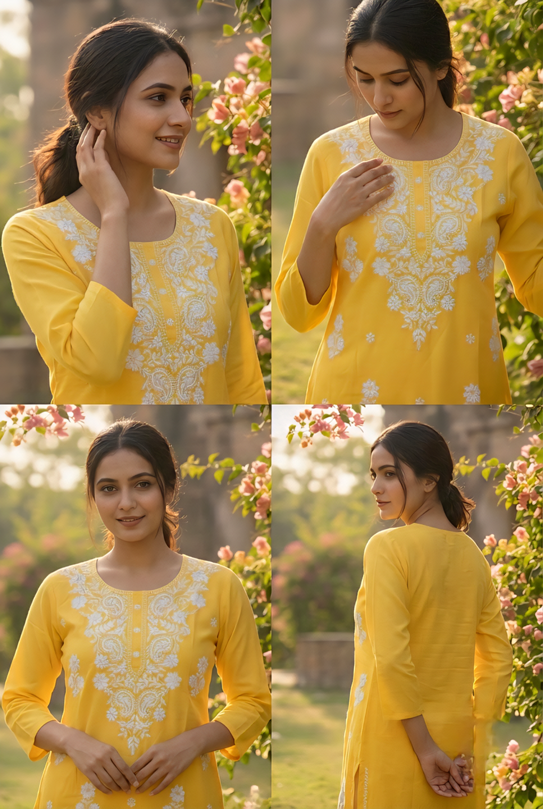 Neerus Yellow rayon hand embroidered kurti - detail view 4