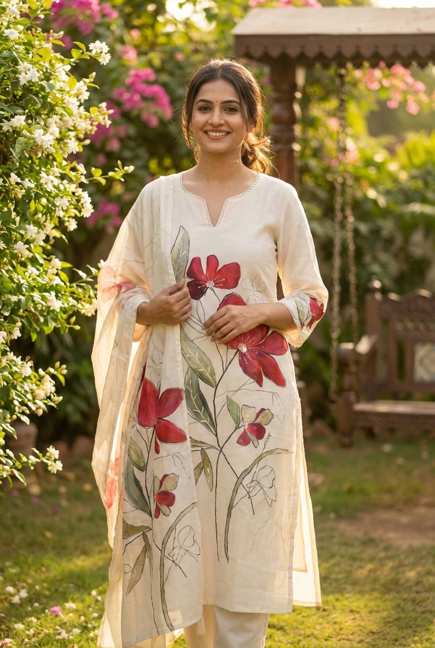 Neerus Maroon linen printed suit set - back view