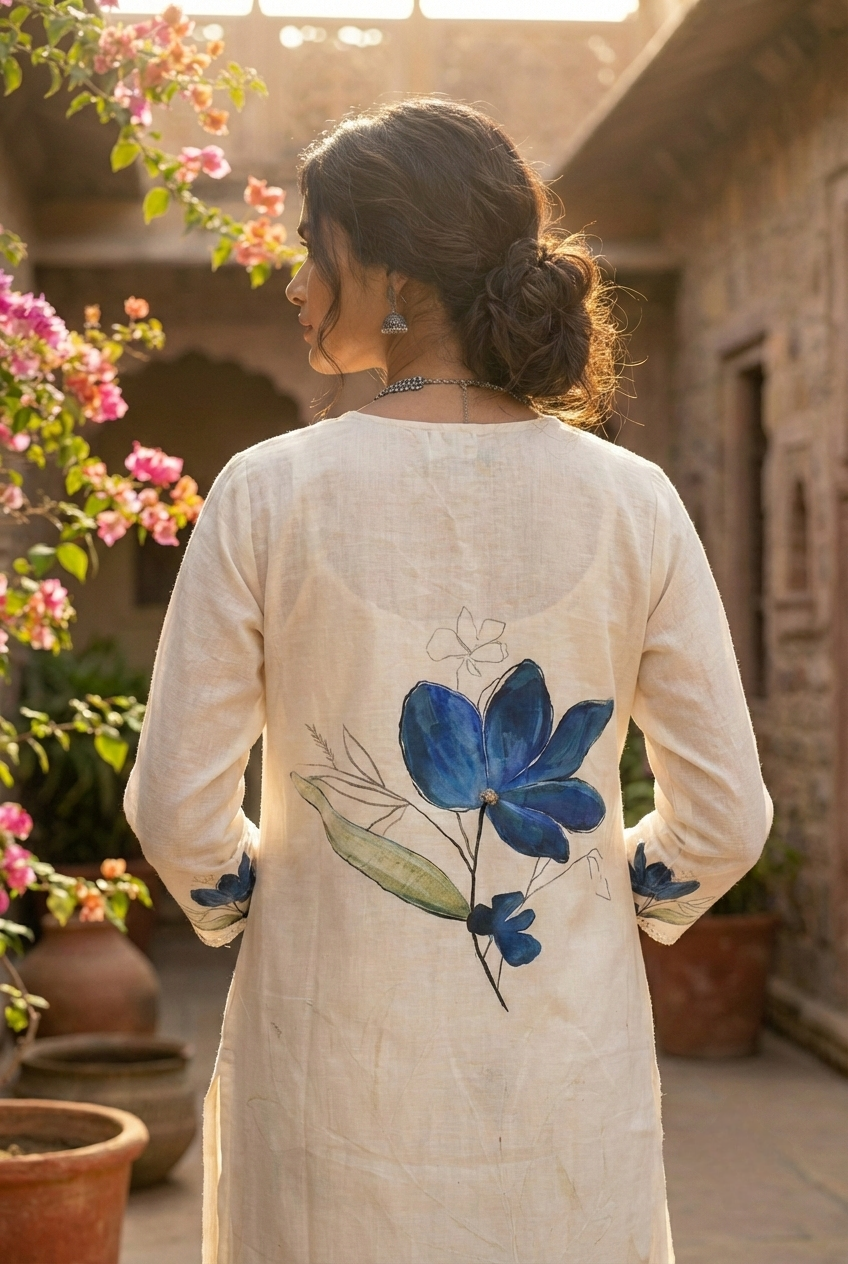 Neerus Blue linen printed suit set - back view