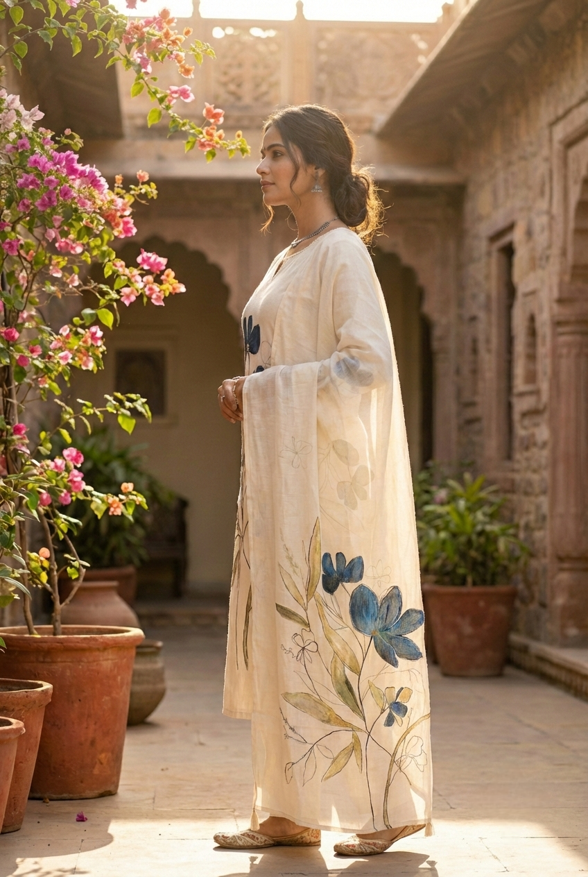 Neerus Blue linen printed suit set - side view
