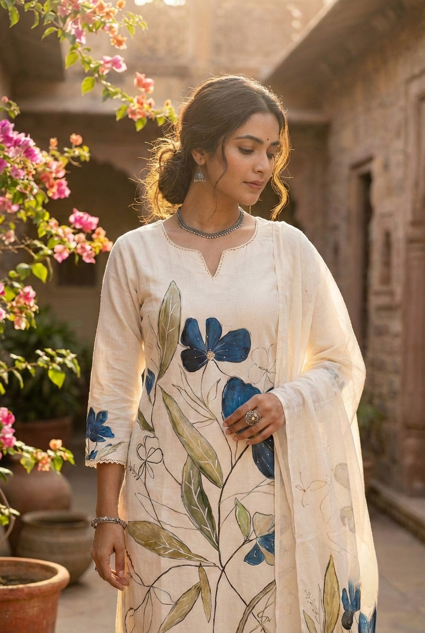 Neerus Blue linen printed suit set - detail view 1