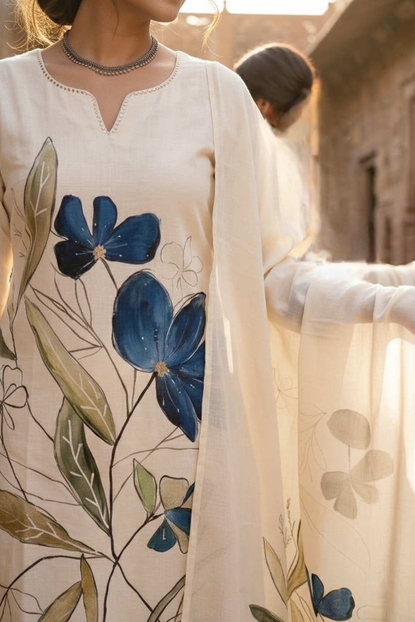 Neerus Blue linen printed suit set - detail view 2